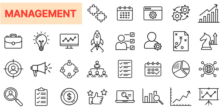 Business Management & Strategy Outline Icon Bundle &ndash; Planning, Leadership, Productivity, Analytics