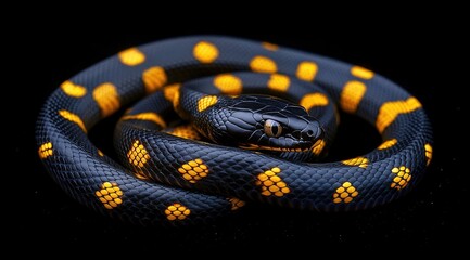 Fototapeta premium Black And Yellow Spotted Snake Coiled On Dark Background
