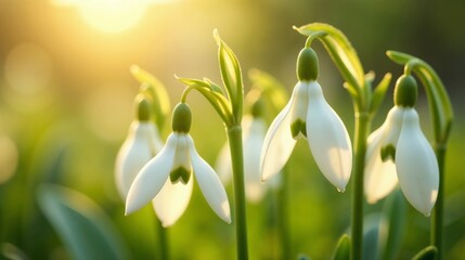 Snowdrop flowers bloom in the early sunlight, symbolizing the arrival of spring in a garden at dawn