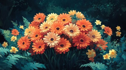 Vibrant orange and yellow daisies in a garden, lush foliage background, nature art, website design