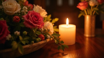 Beautiful arrangement of roses and gentle candlelight in a cozy setting during an intimate evening gathering