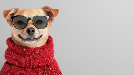 Fototapeta premium Stylish Dog in Sunglasses and Red Sweater for Holiday Pet Fashion Shoot