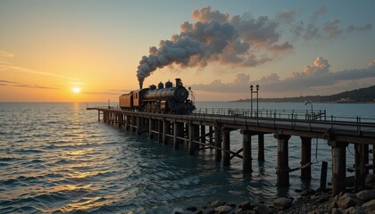 Fototapeta premium Tranquil steam train sunset over water