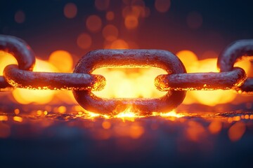 fiery melt grim concept. Glowing chain link illuminated by molten metal, symbolizing strength and resilience in a fiery environment.