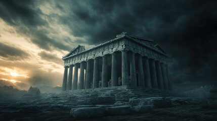 Obraz premium Stormy sunset over ancient temple ruins