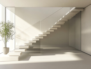 Fototapeta premium Modern staircase design with natural light and minimalistic decor enhances interior elegance.