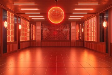Red-lit dance floor with disco ball, perfect for party, event, or nightlife themes. Illustrates vibrant atmosphere, ideal for websites, posters, and social media.