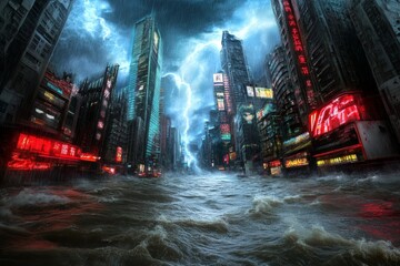 Naklejka premium A cyberpunk megacity being hit by a typhoon, with neon lights reflecting in the floodwaters