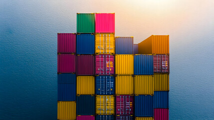 Fototapeta premium Colorful Stacked Shipping Containers on Blue Background Displaying International Trade