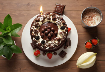 The chocolate cake above the head has candle plants and a can of cream