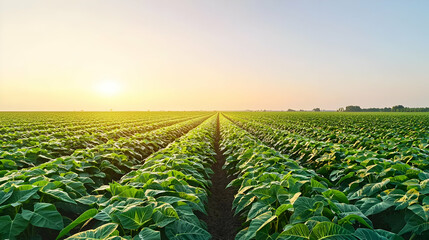 Golden Sunset Over Rows Of Sunflower Field Revealing Lush Green Foliage Under Clear Blue Sky