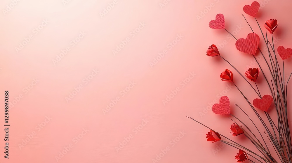 Poster Red hearts scattered on a soft pink background creating a romantic and cheerful design element