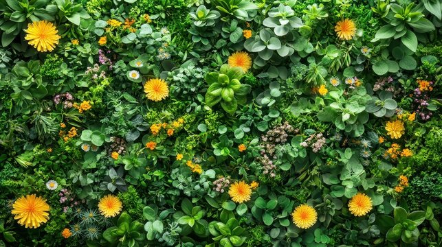 Lush green floral wall, spring blooms, nature background, vibrant, texture