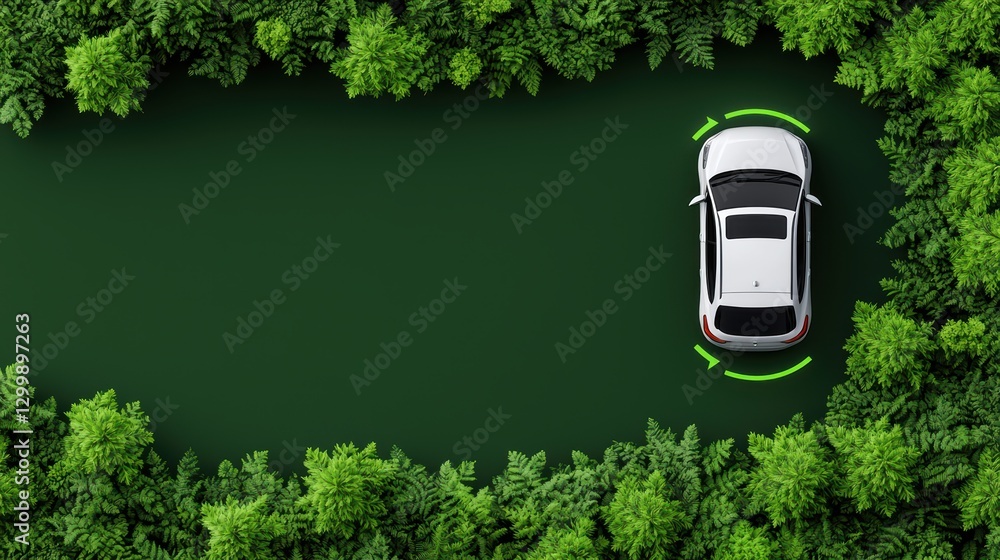 Poster dynamic service shot of car navigating through lush green forest environment