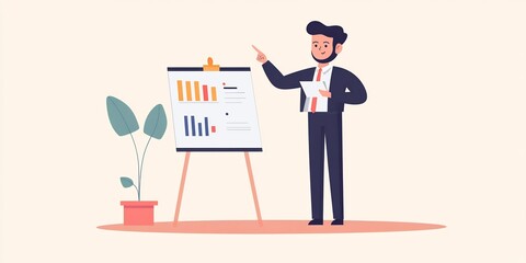 manager, presentation, whiteboard, charts, flat illustration