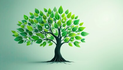 Fototapeta premium Growing sustainability green tree with icons digital art minimalist design innovative concept