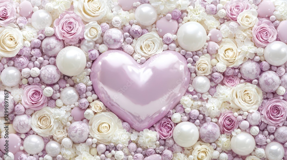 Poster heart shape surrounded by red roses and white pearls on a textured background