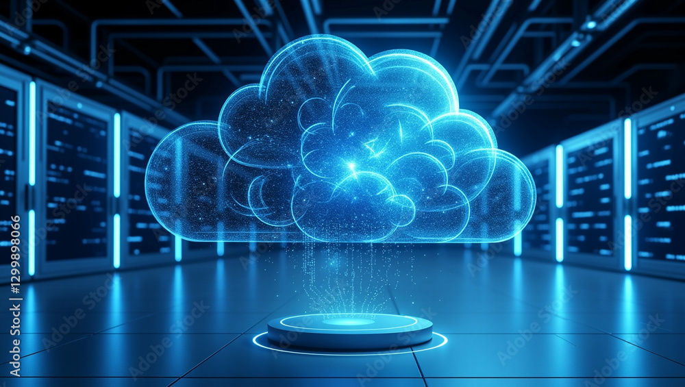 Poster futuristic digital cloud computing network in a server room environment
