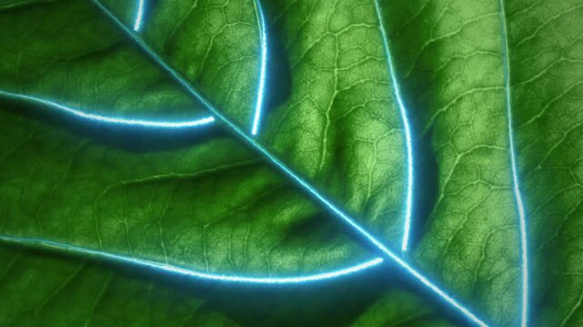 Agricultural technologies for growing plants and scientific research in the field of biology and chemistry of nature. Living green leaf with scientific data . Organic digital background