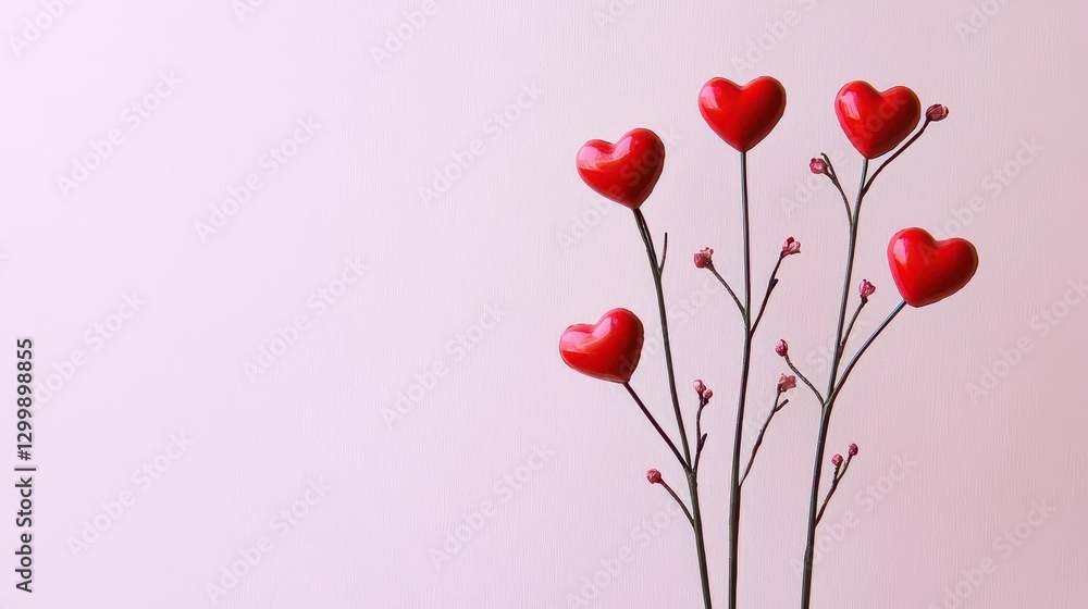 Poster vase decorated with three red heart shapes on a plain background for valentines day