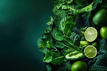 plant-based diet benefits. Fresh green vegetables and limes on a dark background.