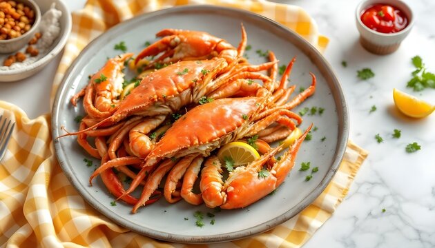 Soft shell crabs on a plate with lemon wedges, showcasing a delightful summer seafood dish - Powered by Adobe
