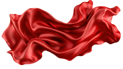 Luxurious red silk fabric flowing gracefully in the air on transparent background