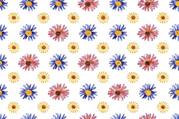 Watercolor floral pattern with blue, pink, and yellow daisies on white background.