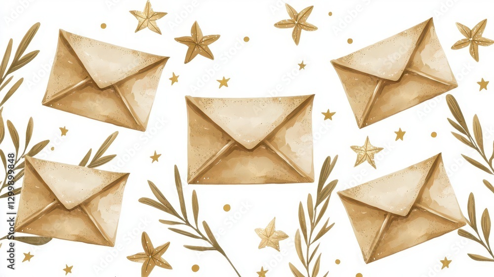 Poster Seam pattern featuring envelopes and stars on a textured background for design and decoration
