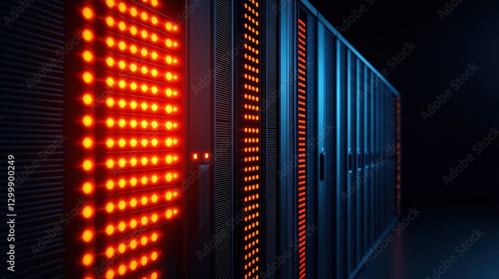 Poster intimate shot of quantum computing servers with vibrant led lighting effects