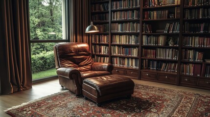 Minimalist Library Setup with Soft Lighting and Cozy Chair