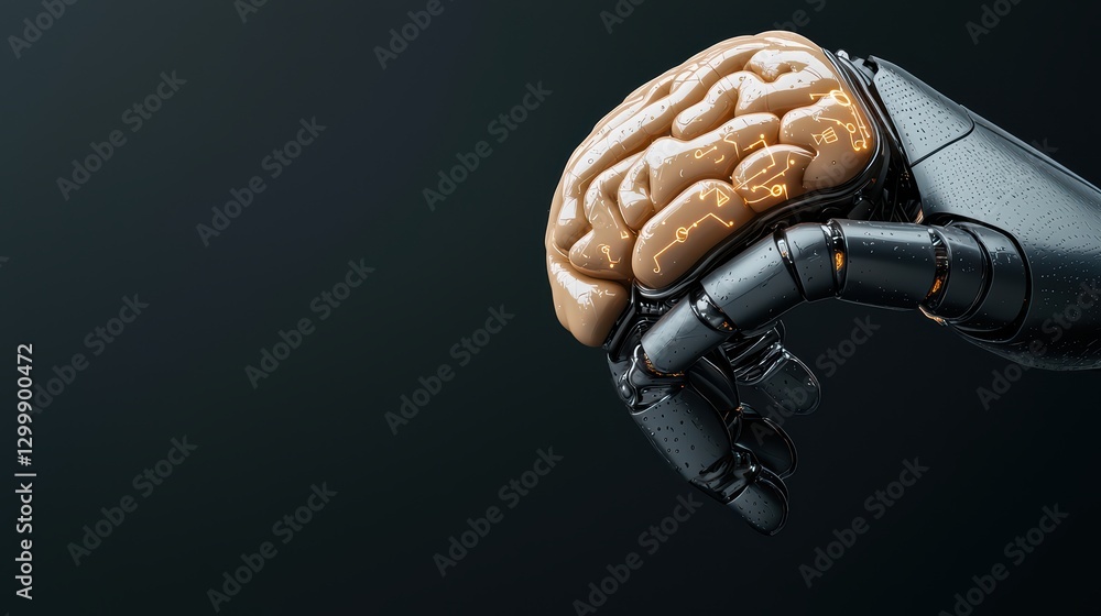 Poster macro view of robotic hand holding artificial brain in law context
