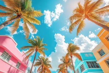 Fototapeta premium Vibrant pastel buildings framed by lush palm trees against a sunny sky. Ideal for travel, vacation, and summer themes, evokes feelings of warmth and escape.
