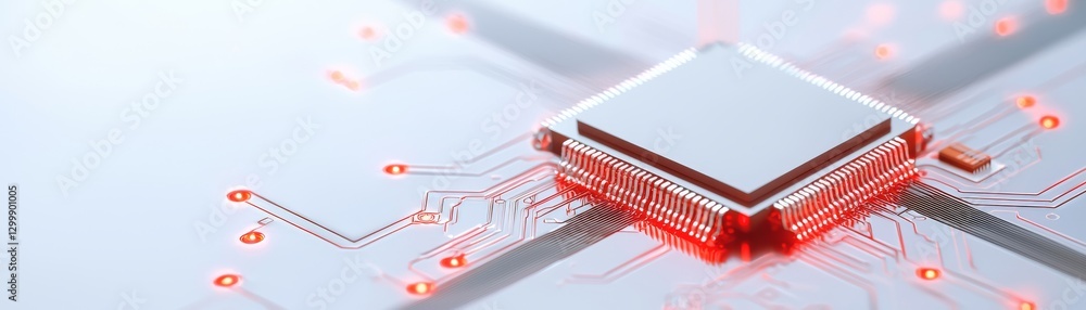 Poster illuminated circuitry, red lights highlight complex computer technology on a white background