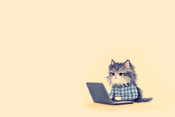 maine coon cat typing on laptop in classic shirt