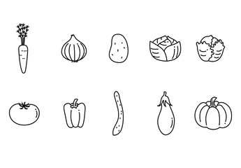 シンプルな野菜のアイコン、線画イラストセット