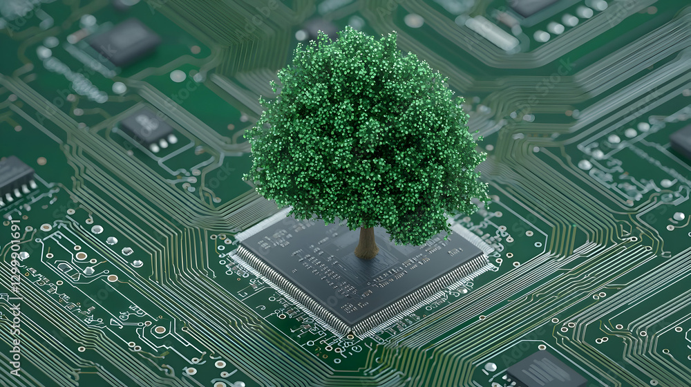 Aufkleber green tree growing on a computer circuit board representing technological environmentalism