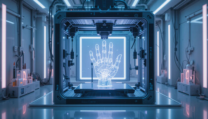 Obraz premium 3D printer creating a digital wireframe robotic hand in a high-tech laboratory environment