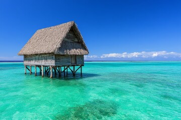 A floating wooden hut on stilts, sitting in the shallow waters of a tropical island lagoon