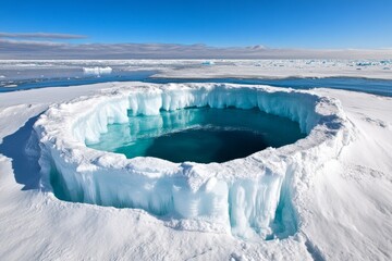 Obraz premium A frozen arctic peninsula covered in snow and ice, surrounded by icy blue waters