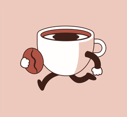 A coffee cup character with arms and legs is running. Coffee cafe logo style. minimal line art vector illustration. 