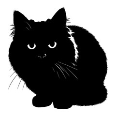 Vector silhouette of a black cat sitting with bright eyes on a transparent background