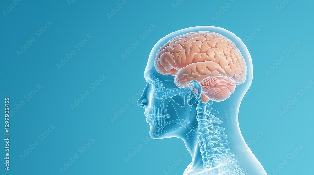 Poster transparent human head with highlighted brain, exploring anatomy, structure and cognitive functions