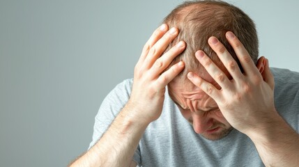 Fototapeta premium Man with hands on head, a visual representation of stress, anxiety and mental health challenges