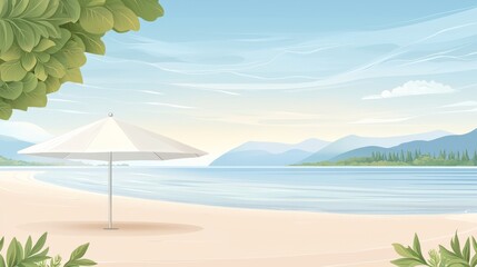 Relaxing beach scene with palm tree and umbrella on a sunny day