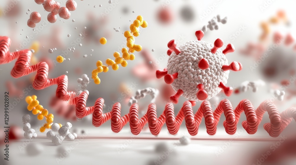 Poster a stylized microscopic view of a virus particle interacting with proteins, possibly representing a b