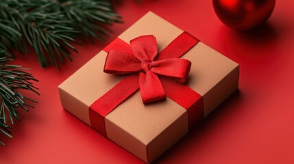 Obraz premium Selective Focus on Gift Box with Red Ribbon and Holiday Decorations Background