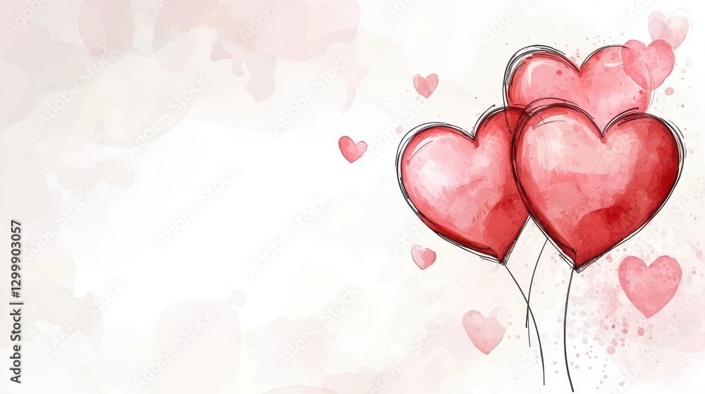 Poster two red hearts on a white background symbolizing love and affection in a simple design