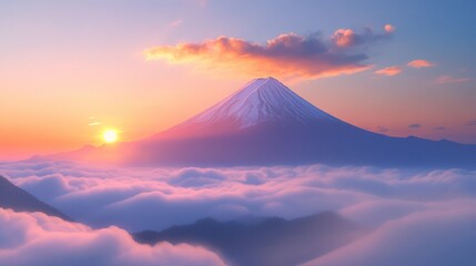 Sunrise over Fuji, Japan; misty mountains; serene landscape; travel poster
