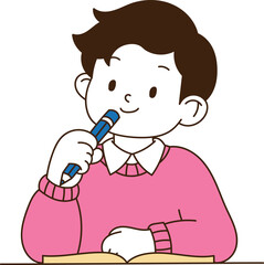 The student is thinking with a smile while holding a pencil in one hand. minimal line art vector illustration. 